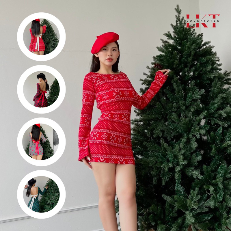 Đầm tay loe cột nơ lưng hoạ tiết Noel độc quyền LOVEKIUTEE