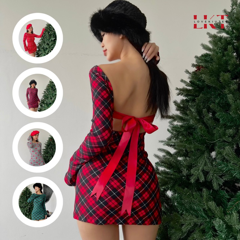 Đầm tay loe cột nơ lưng hoạ tiết Noel độc quyền LOVEKIUTEE