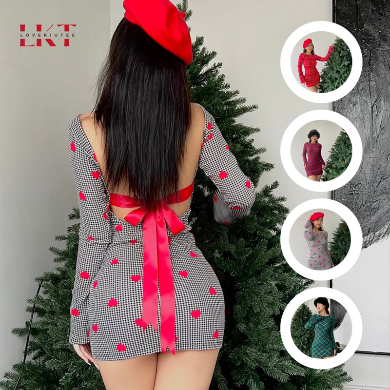 Đầm tay loe cột nơ lưng hoạ tiết Noel độc quyền LOVEKIUTEE