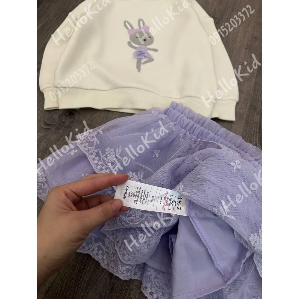 Set váy nỉ thỏ tím chân ren tutu bé gái