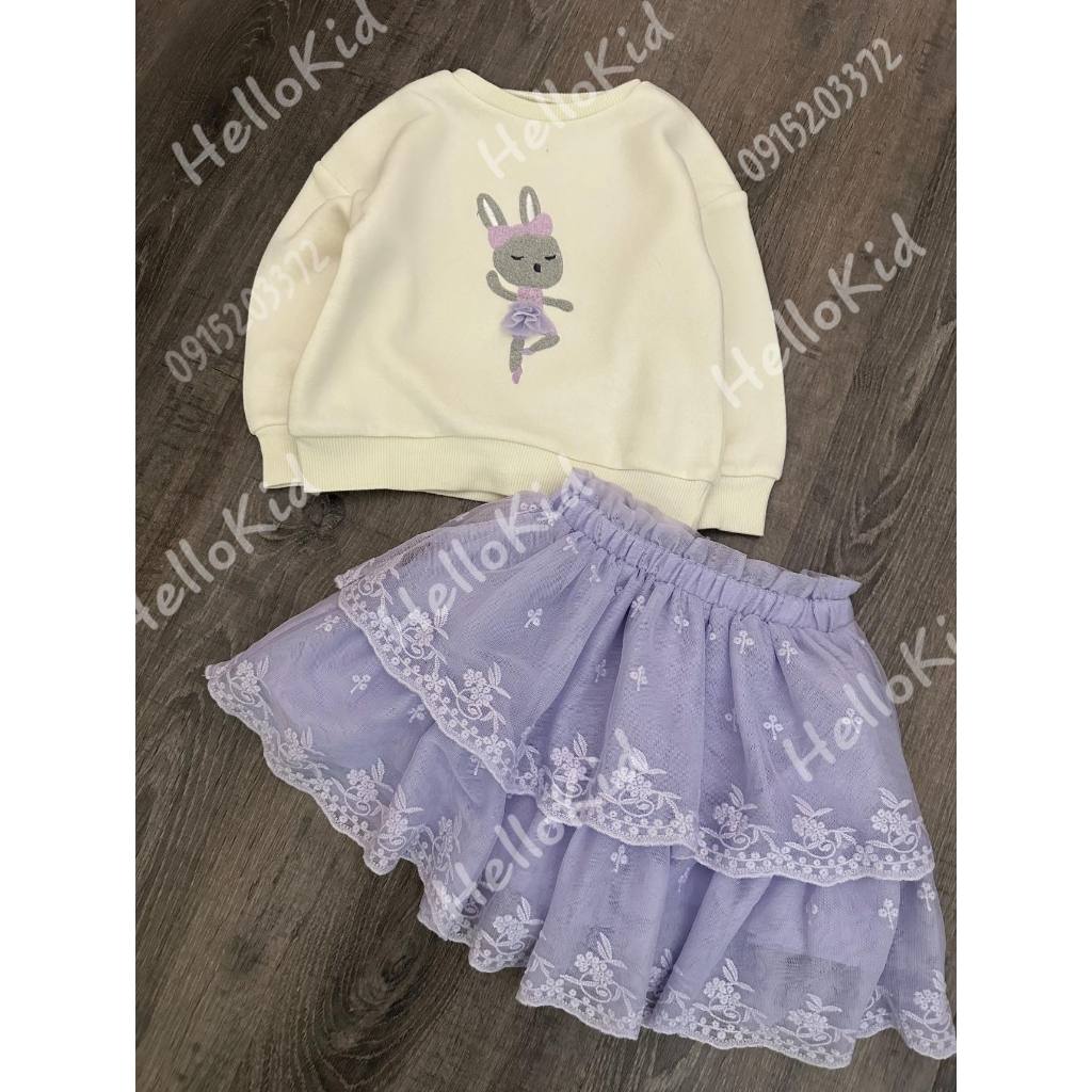 Set váy nỉ thỏ tím chân ren tutu bé gái