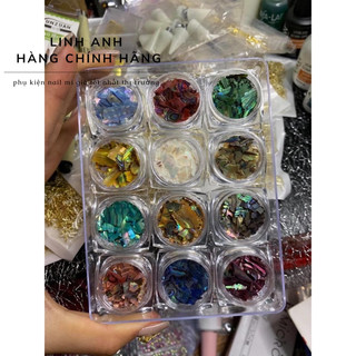 Set xà cừ 3d siêu mỏng, set xà cừ vân đá siêu mỏng ẩn gel, Set 12 hũ xà cừ Hàn Quốc trang trí móng nail có hộp nhựa
