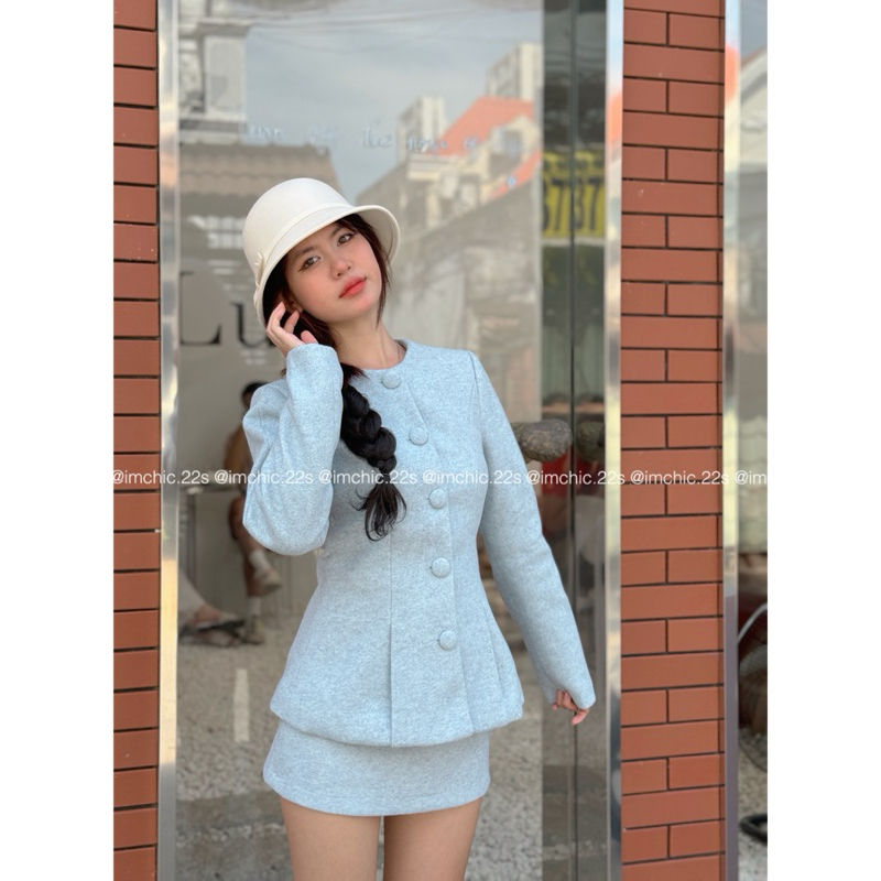 Set Dạ Màu Xanh Chiết Eo Sang Trọng Phong Cách Hàn Quốc Kèm Video Shop Quay 100%