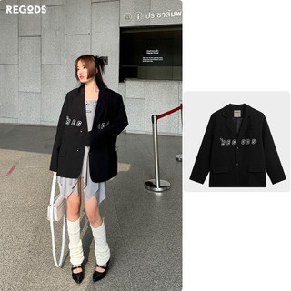 Áo khoác blazer có độn vai thêu REGODS form rộng unisex nam nữ vải Flannel 2 lớp - Blazer Emoji