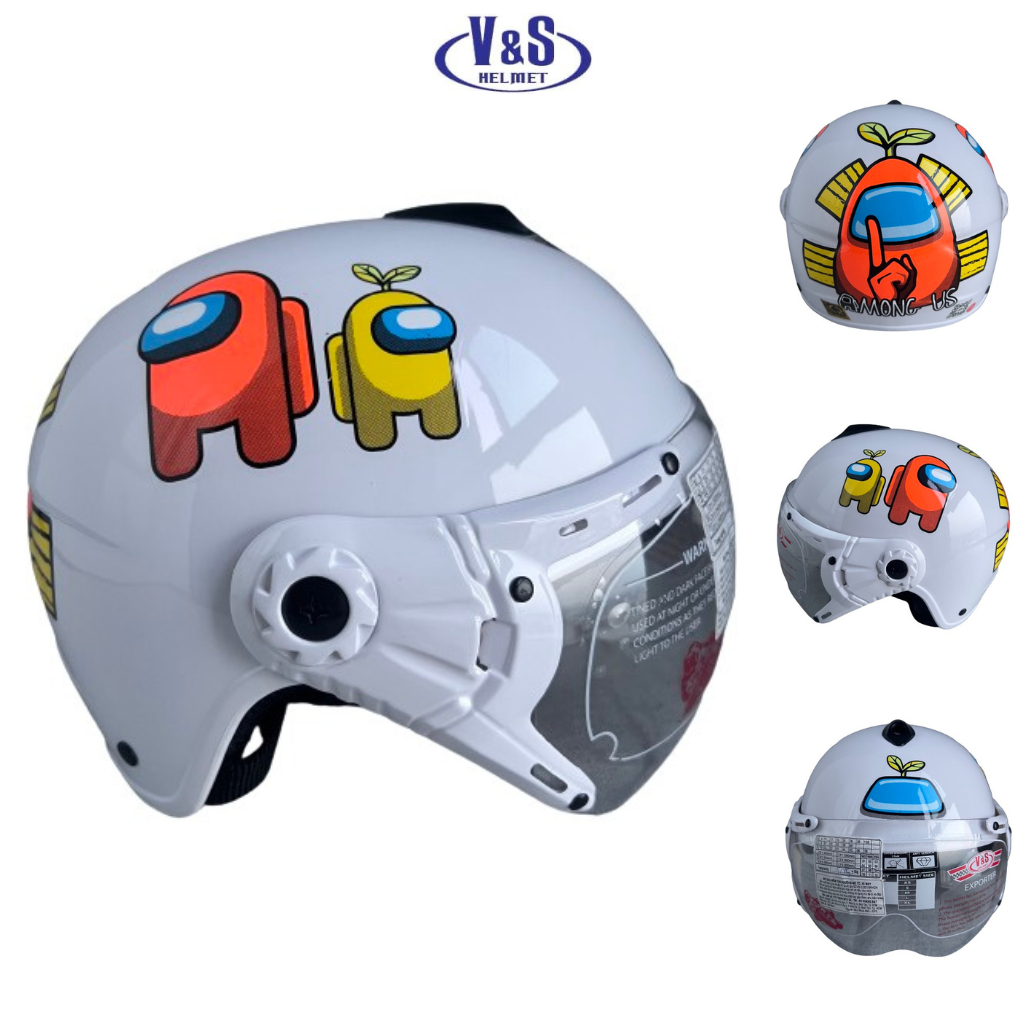 Mũ bảo hiểm trẻ em nửa đầu có kính Vs103ks Amongus trắng cho bé nặng dưới 18kg - Bé tầm từ 2-5 tuổi - Vòng đầu 50-52cm