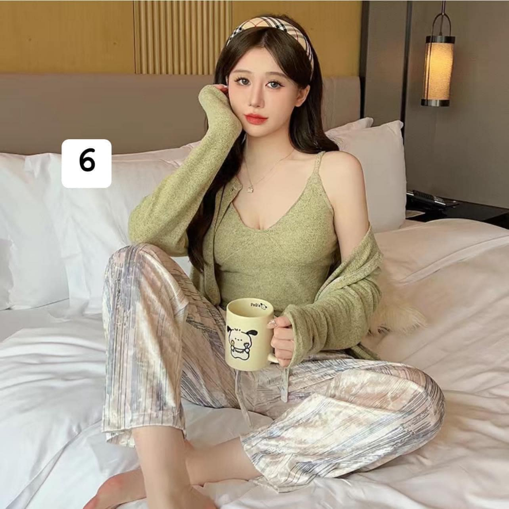 Bộ đồ ngủ mặc nhà sét 3 món chất vải tăm quần nhung Badayo Hcom610