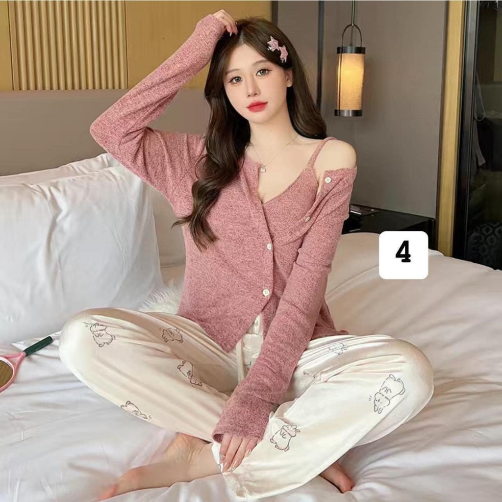 Bộ đồ ngủ mặc nhà sét 3 món chất vải tăm quần nhung Badayo Hcom610