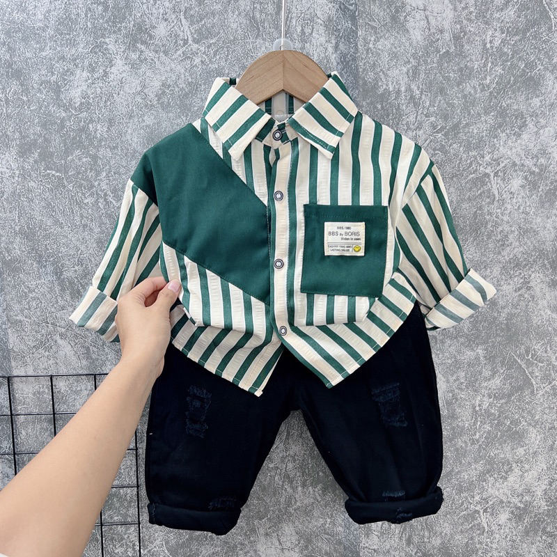 Set sơ mi kẻ đứng phối màu bé trai