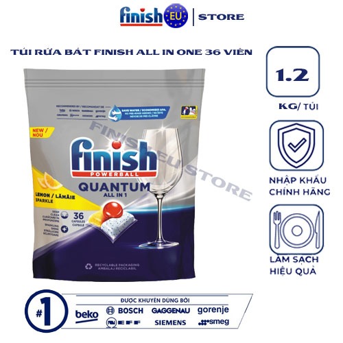 Viên Rửa Chén Bát Cao Cấp Finish Quantum All in 1 loại 12 chức năng túi 60 viên - Hương Chanh nhập khẩu EU đủ tem nhãn