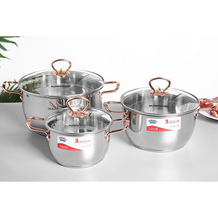 Bộ 3 nồi inox 3 đáy Sunhouse SHG306