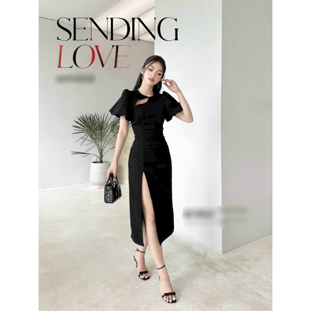 Đầm body form midi xẻ đùi tay phồng
