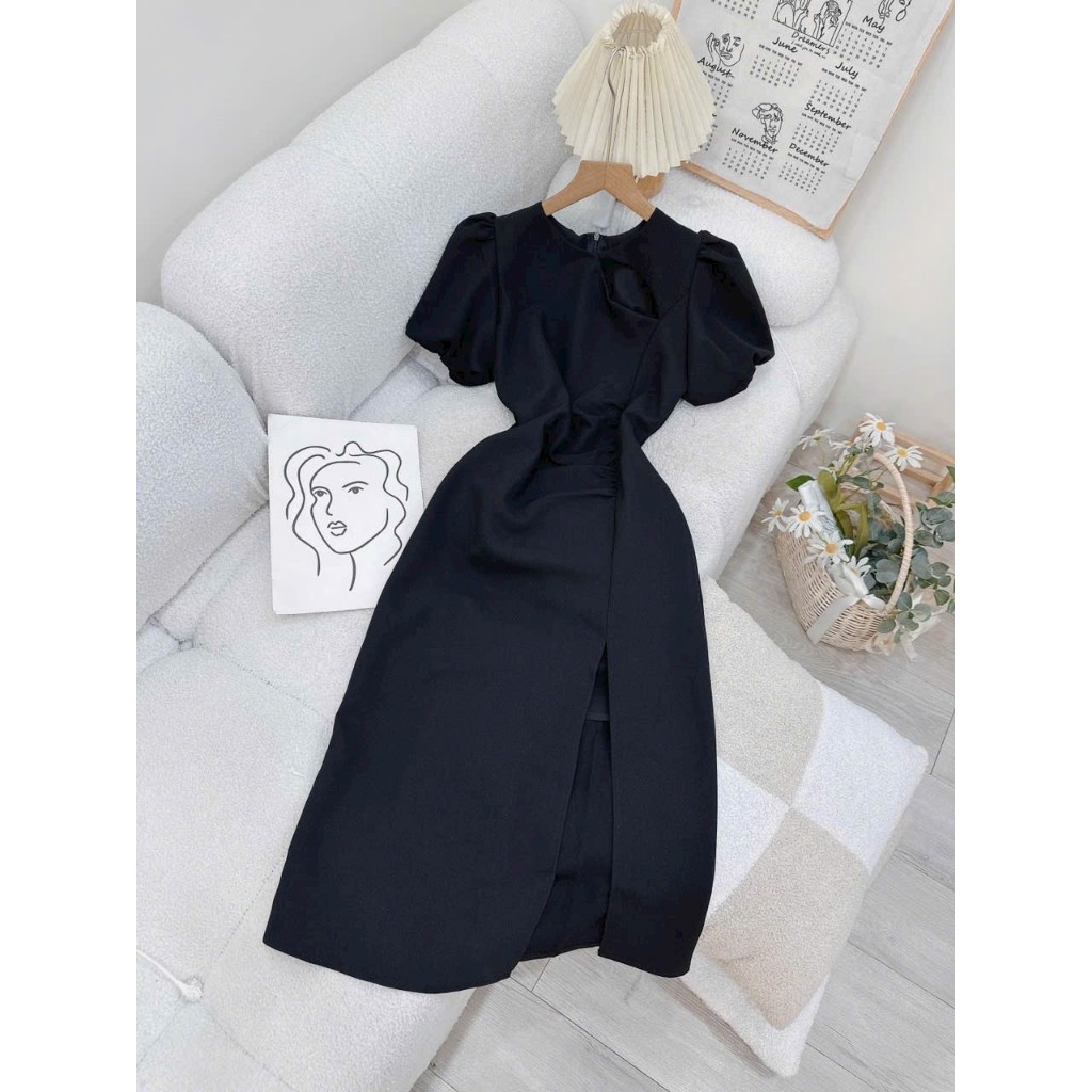 Đầm body form midi xẻ đùi tay phồng