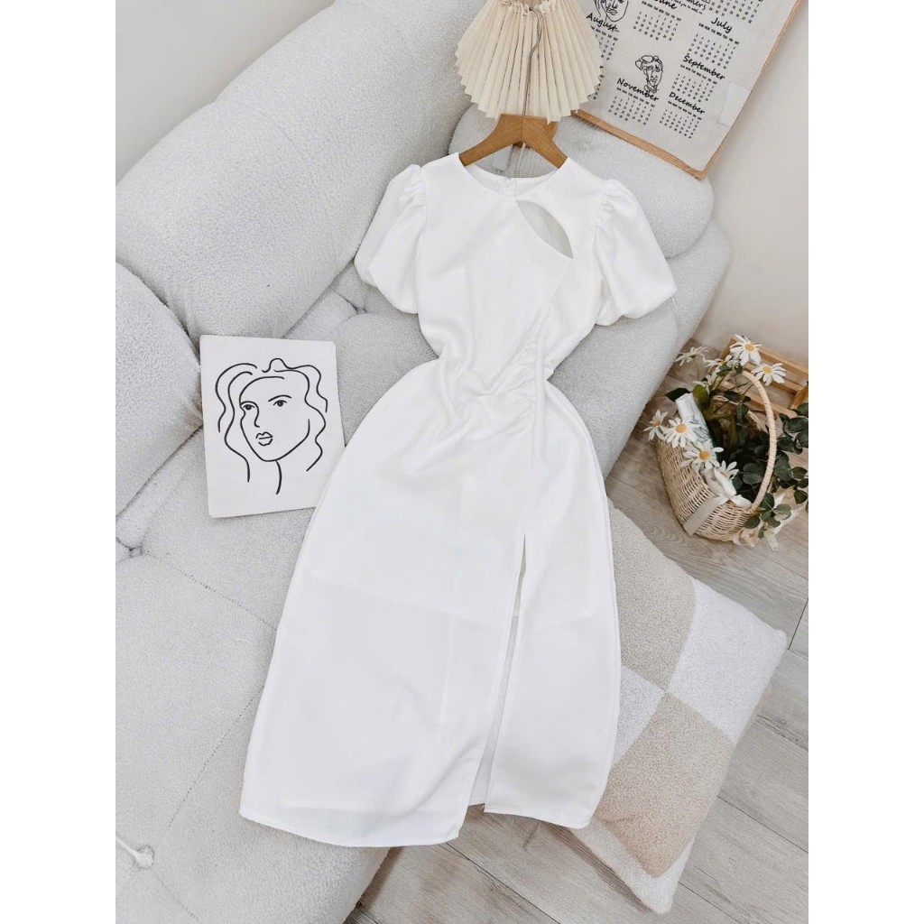 Đầm body form midi xẻ đùi tay phồng
