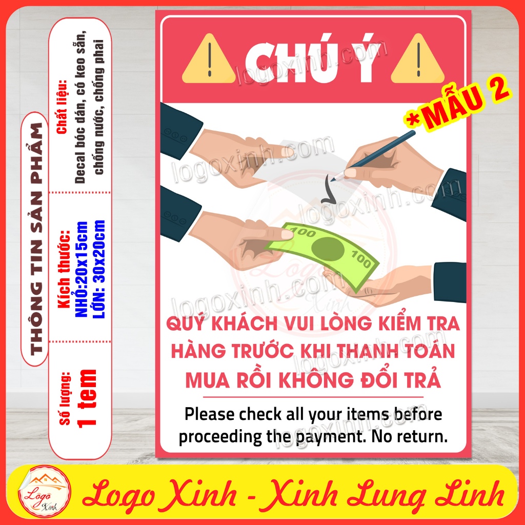 Tem Decal Dán Nhắc Nhở Quý Khách Vui Lòng Kiểm Tra Tiền Và Hàng Hóa Trước Khi Rời Khỏi Quầy, Đã Mua Miễn Không Đổi Trả