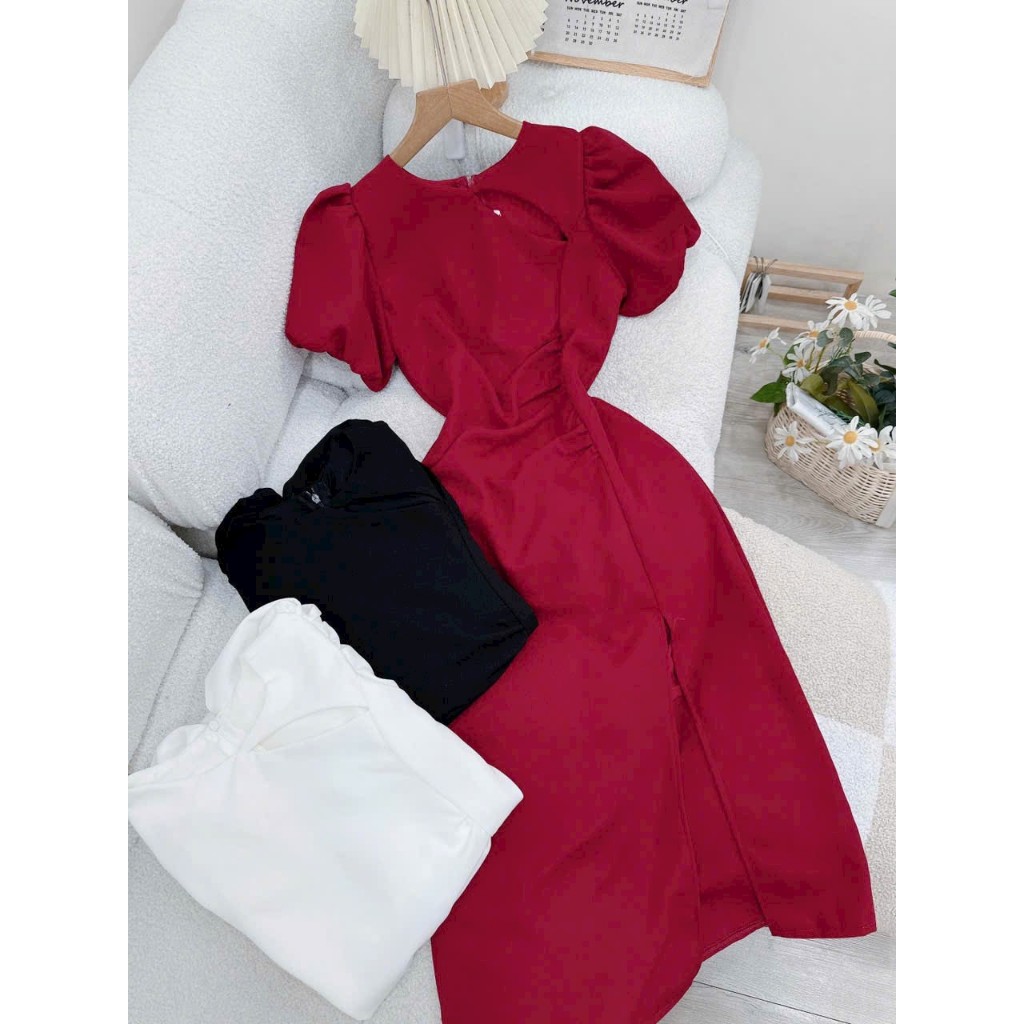 Đầm body form midi xẻ đùi tay phồng