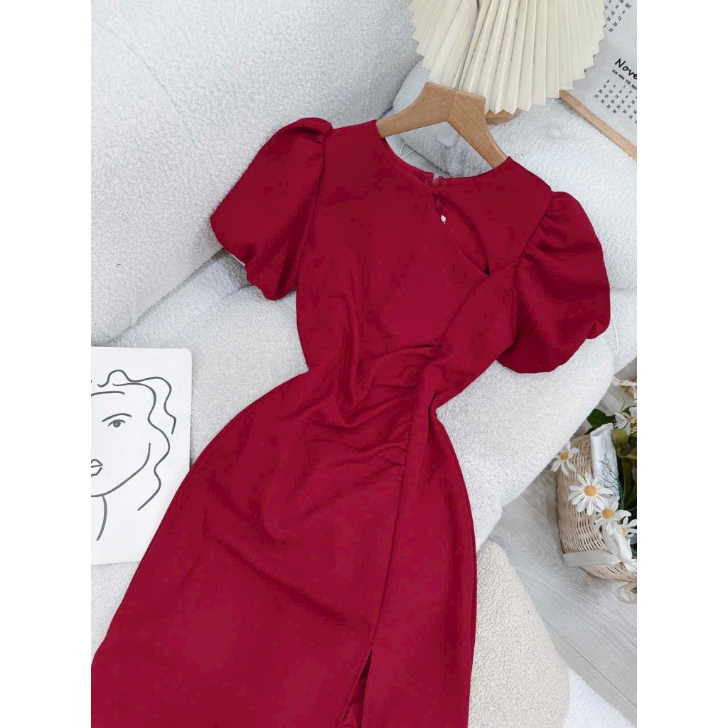 Đầm body form midi xẻ đùi tay phồng