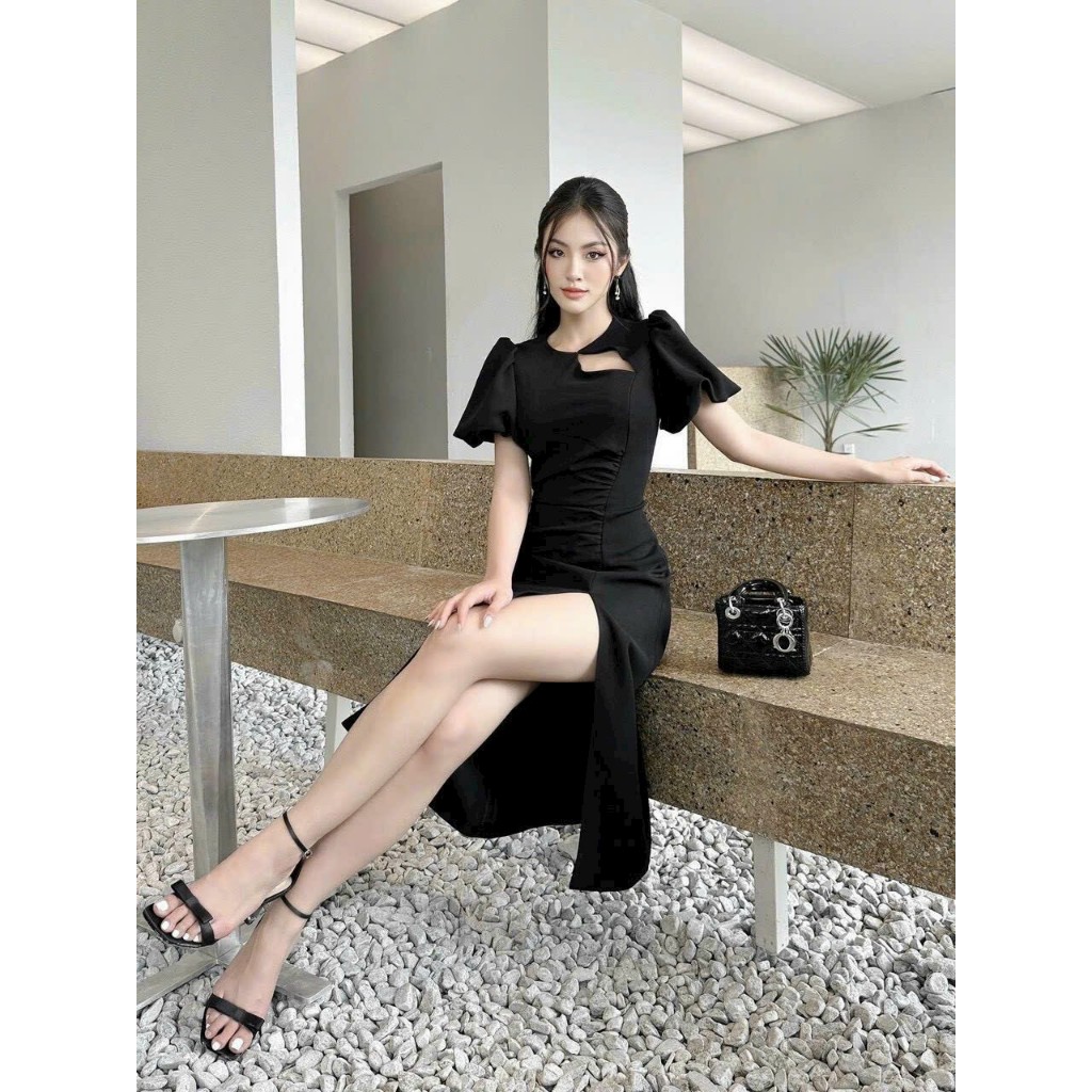 Đầm body form midi xẻ đùi tay phồng