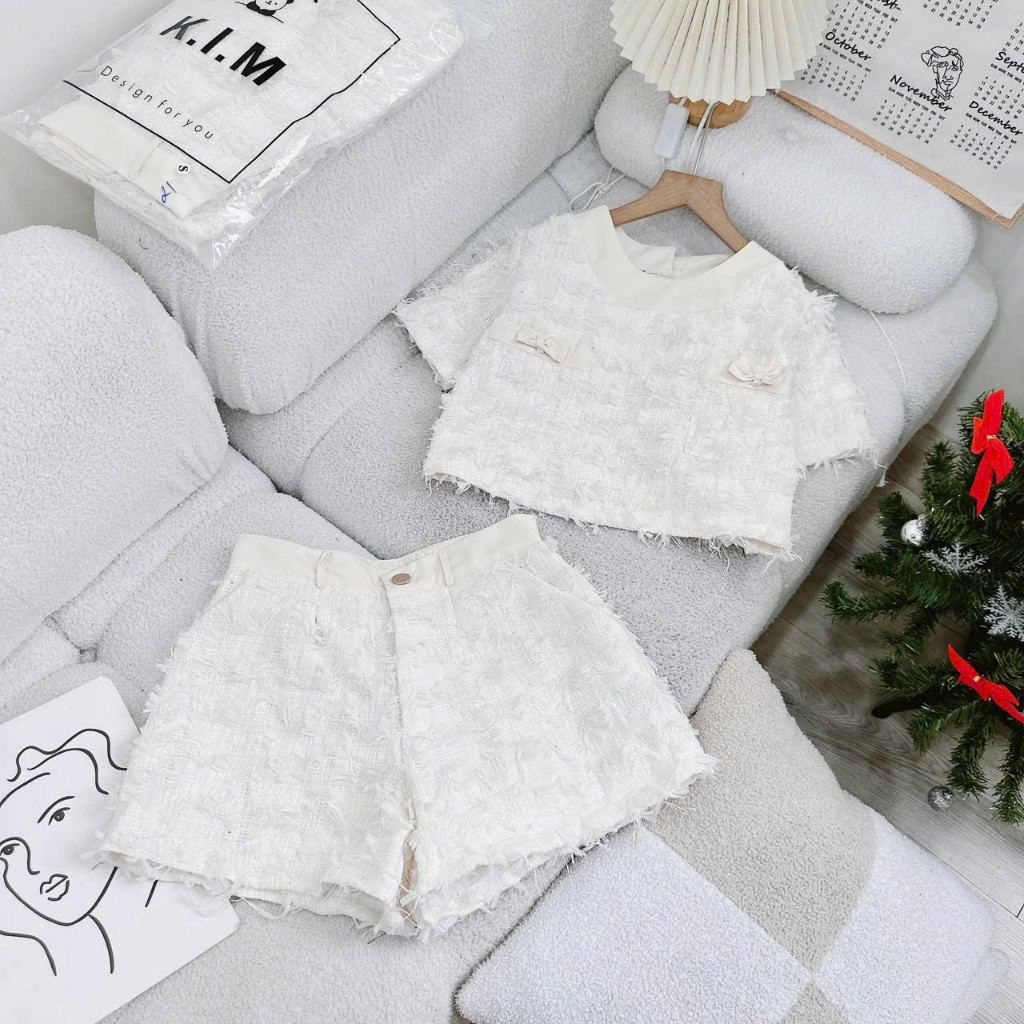 Set áo dạ croptop tay con mix quần đùi lưng cao