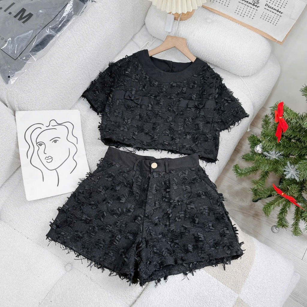 Set áo dạ croptop tay con mix quần đùi lưng cao