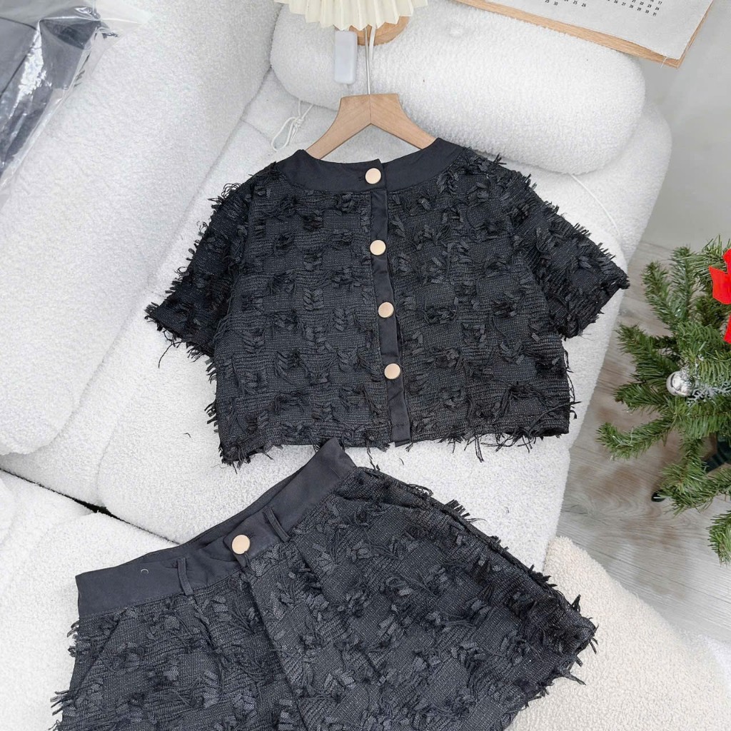Set áo dạ croptop tay con mix quần đùi lưng cao