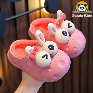 Dép đi mùa đông cho bé trai bé gái có lót lông sticker Thỏ nơ hồng dễ thương siêu mềm nhẹ chống trơn trượt tốt