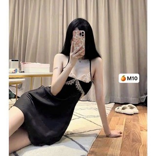 Đầm ngủ 2 dây hở lưng cột nơ viền ren trước sexy