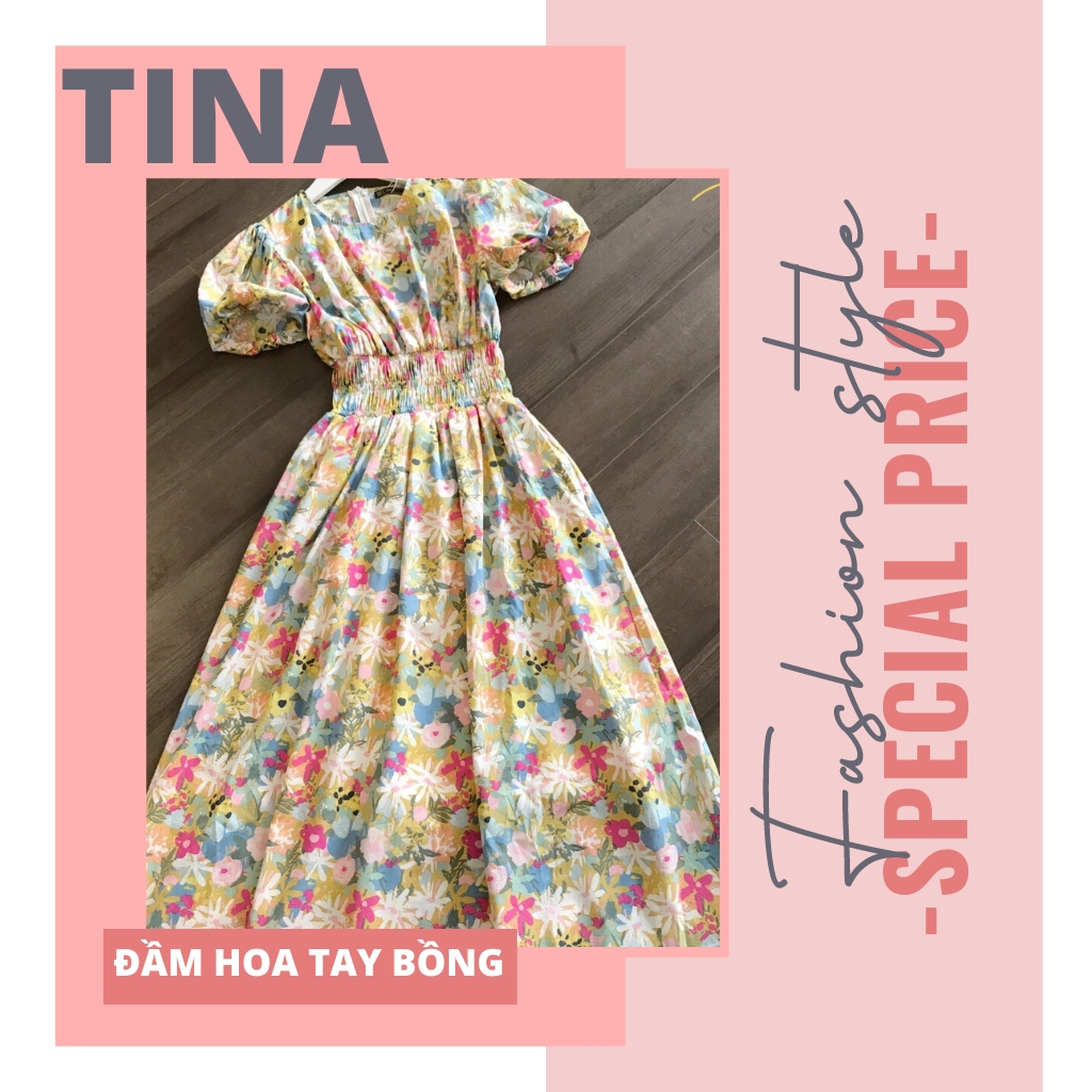 Đầm hoa tay bồng tiểu thư, kiểu dáng ulzzang Váy hoa đi biển xinh eo thun lớn vài thô hàn mịn thấm hút tốt dáng dài