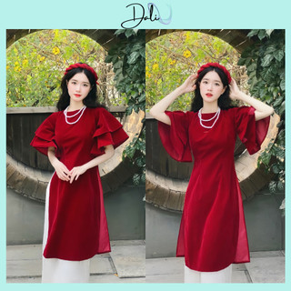 Set Áo Dài Cách Tân Tay Loe Chất Liệu Nhung Đỏ Kèm Quần Trắng, Set Áo Dài Mặc Tết Sang Chảnh