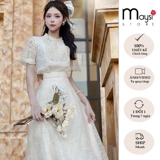 Set sơ mi chân váy thiết kế ren đính hoa màu be Maysi