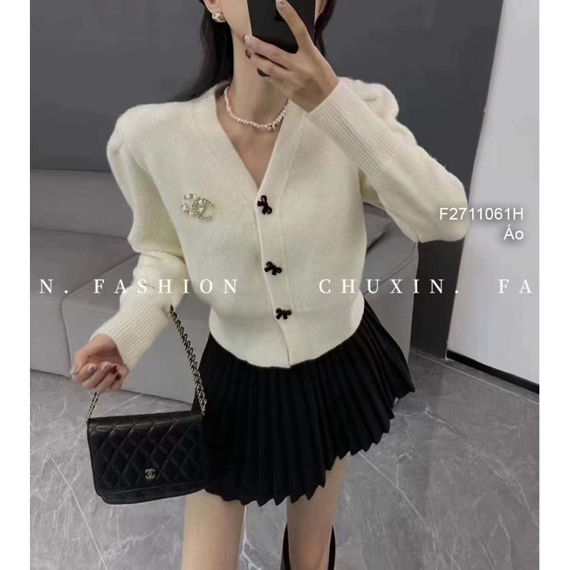 Áo len màu tay dài gài khuy nơ cổ tim hàng nhập QC