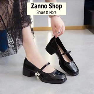 (Form To Đặt Lùi 1 Size) Giày Cao Gót 5CM Lolita Nữ Da Bóng 2 Màu Đen Kem, Phong Cách Treo 2 Ngọc