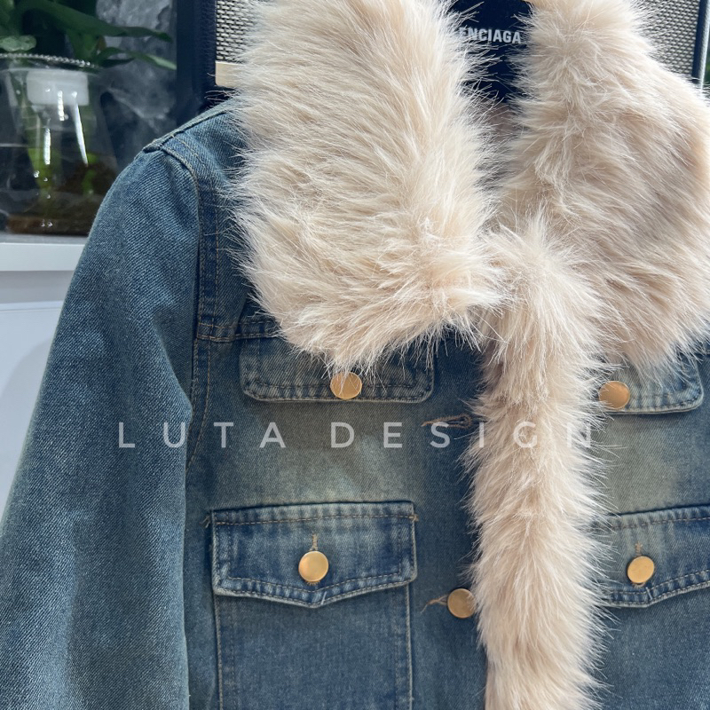 Set Áo Khoác Mix Chân Váy Jeans Viền Lông QC