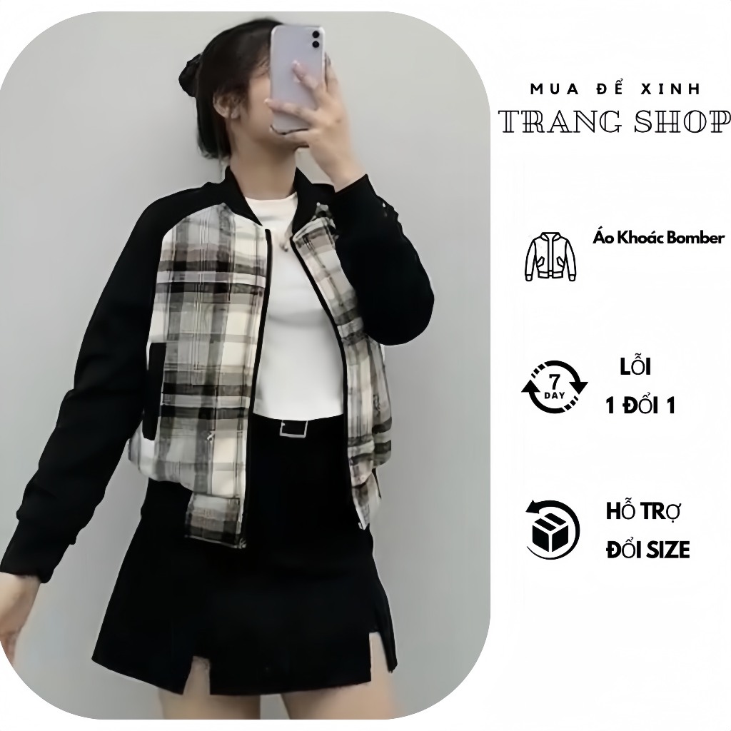 Áo Khoác Bomber Len Phom Lửng Phối Kẻ Sọc Caro Thời Trang Phong Cách Cá Tính Mạnh Mẽ