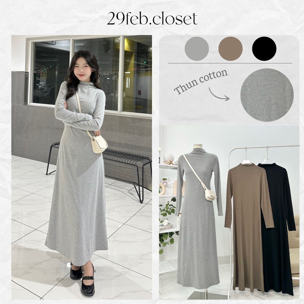 Váy thun cotton trơn basic nữ cổ 3 phân dài tay mùa thu - 247store.vn - Vaymaxi265_P0K38