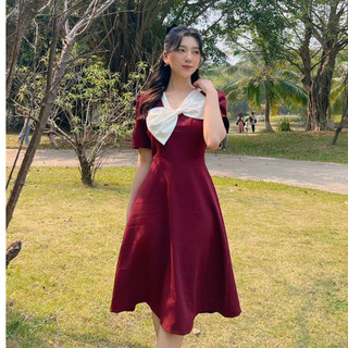 Đầm váy thiết kế đi dự tiệc cổ V phối nơ ngực dáng dài form chữ A mặc đi làm, đi dự tiệc U&M (VH37)