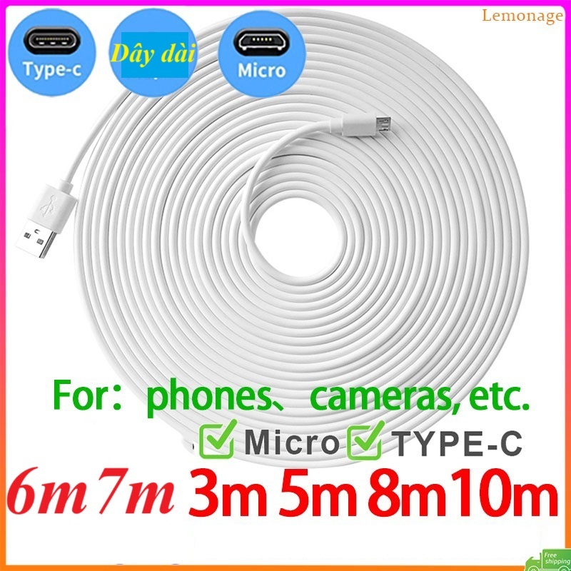 Dây Cáp Sạc Type C / Micro USB Dài  3M 5M 6M 7M 8M 10M Chuyên Dụng Cho Camera Điện Thoại, Monitor