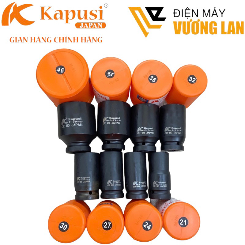 Đầu tuýp dài 3/4 21-46mm màu đen thép Crv siêu cứng Kapusi Japan, đầu típ, đầu khẩu lục giác đủ kích cỡ, mở bulong