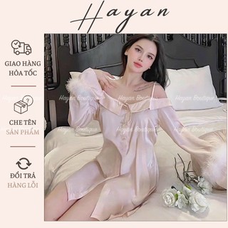 HT10 Váy ngủ sexy trễ vai tay lông sang chảnh chuẩn MIENMOC, đầm sơ mi lụa mềm mại quyến rũ HT10