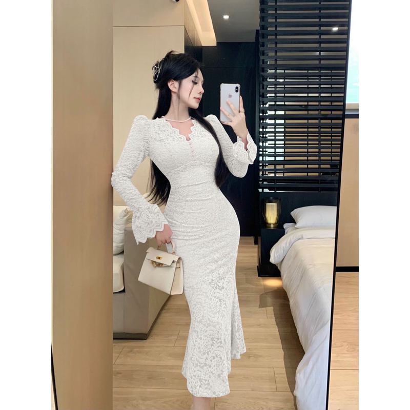 Đầm body ren đuôi cá tay dài cổ chữ V màu full màu hàng QCCC