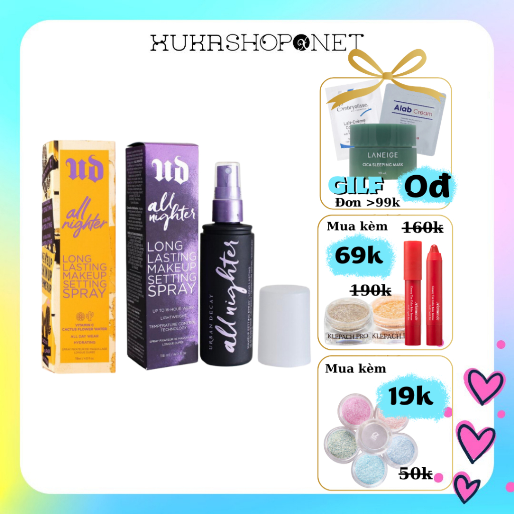 Xịt giữ makeup Urban Decay All Nighter Setting Spray xịt khoáng khóa nền giữ lớp trang điểm 118ml