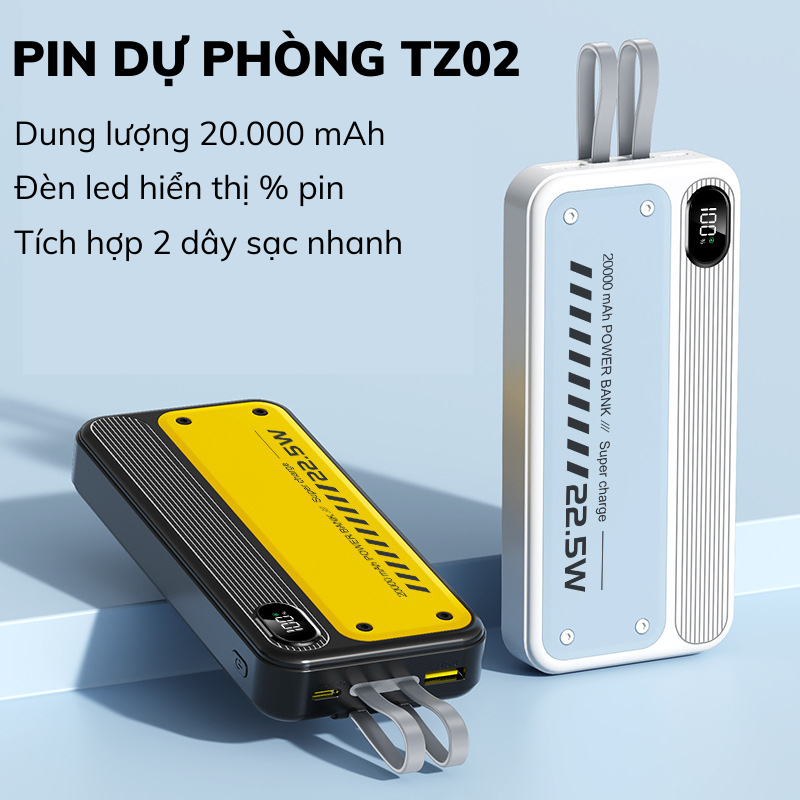Sạc Dự Phòng TZ02 Dung Lượng 20000mAh, Tích Hợp 2 Dây Sạc Nhanh, Nhỏ Gọn Tiện Lợi ST23 TECHHIGH