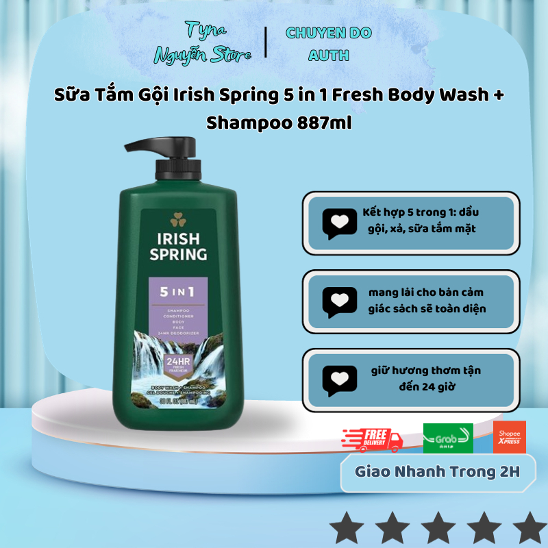 Sữa Tắm Gội Irish Spring 5 in 1 Fresh Body Wash + Shampoo 887ml