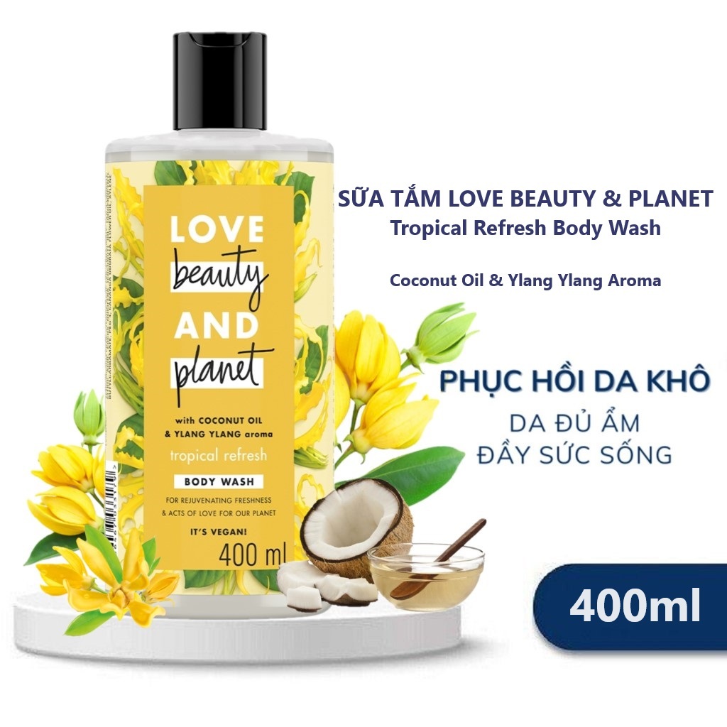 Sữa Tắm Love Beauty And Planet Tropical Refresh Phục Hồi Da Khô Với Dầu Dừa & Ngọc Lan Tây  400ml.