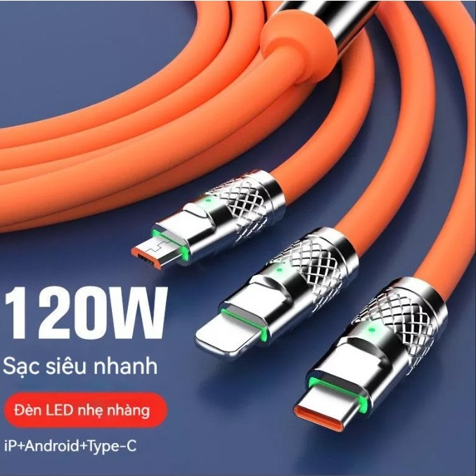 Cáp Sạc Nhanh 3 đầu/ 1 đầu Hợp Kim Kẽm 120W 6A Dây Silicone