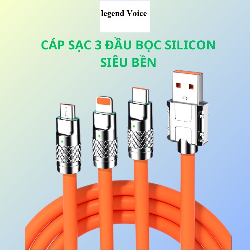 Cáp Sạc Nhanh 3 đầu/ 1 đầu Hợp Kim Kẽm 120W 6A Dây Silicone