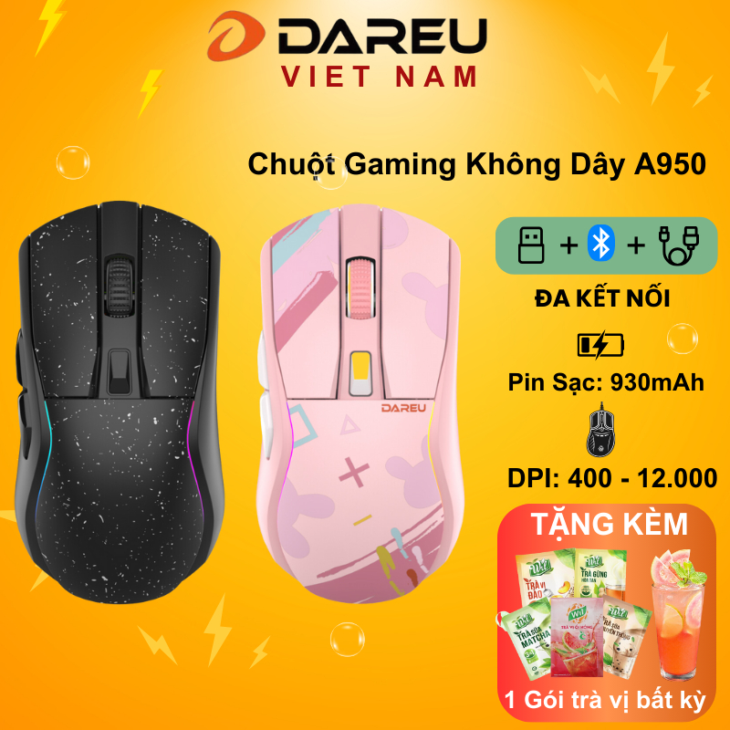Chuột không dây Gaming DAREU A950 TRIPLE MODE ( BLACK / PINK ) - SUPERLIGHT, FAST CHARING DOCK