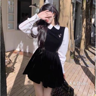 Váy nhung cổ sen kèm tang nơ đá - Retrostyle.vn - Vaynhung179_P0K16