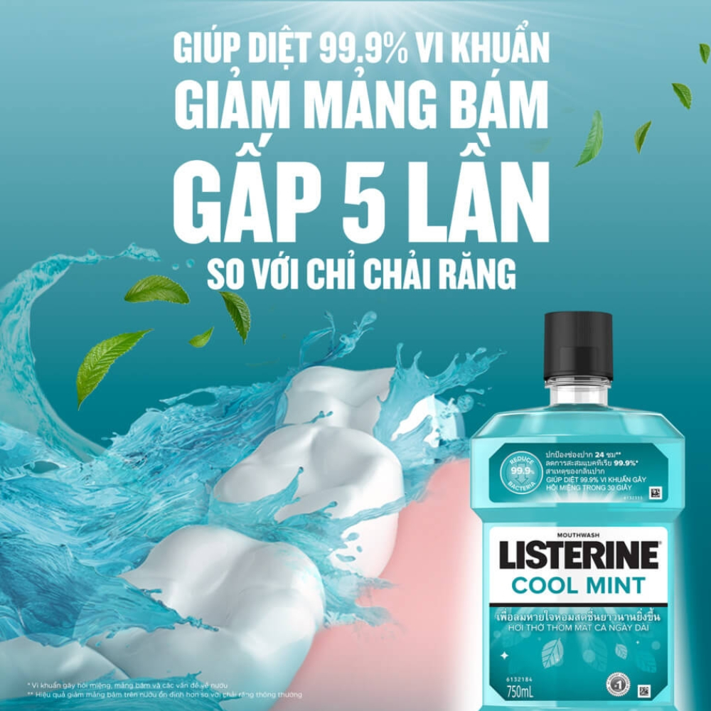 Nước súc miệng Listerine Cool Mint diệt khuẩn giữ hơi thở thơm mát dài lâu