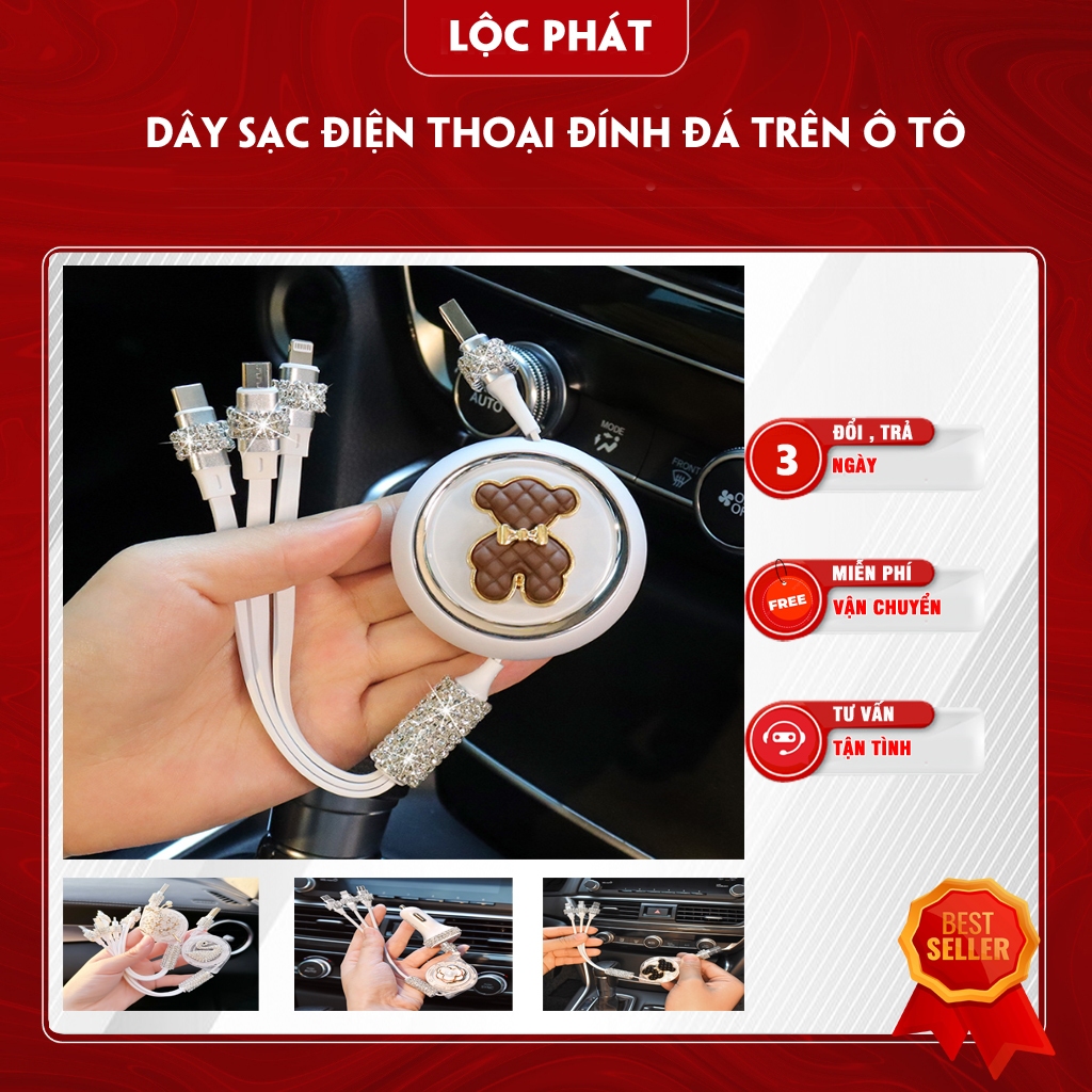 Bộ Dây Sạc và Tẩu Sạc Đính Đá Cao Cấp Trên Xe Ô Tô, Bộ Dây Sạc Đa Năng Nhiều Chân Sạc