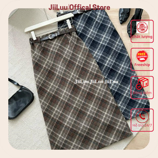 Chân váy dạ kẻ dài suông kèm belt JiiLuu mã 13614
